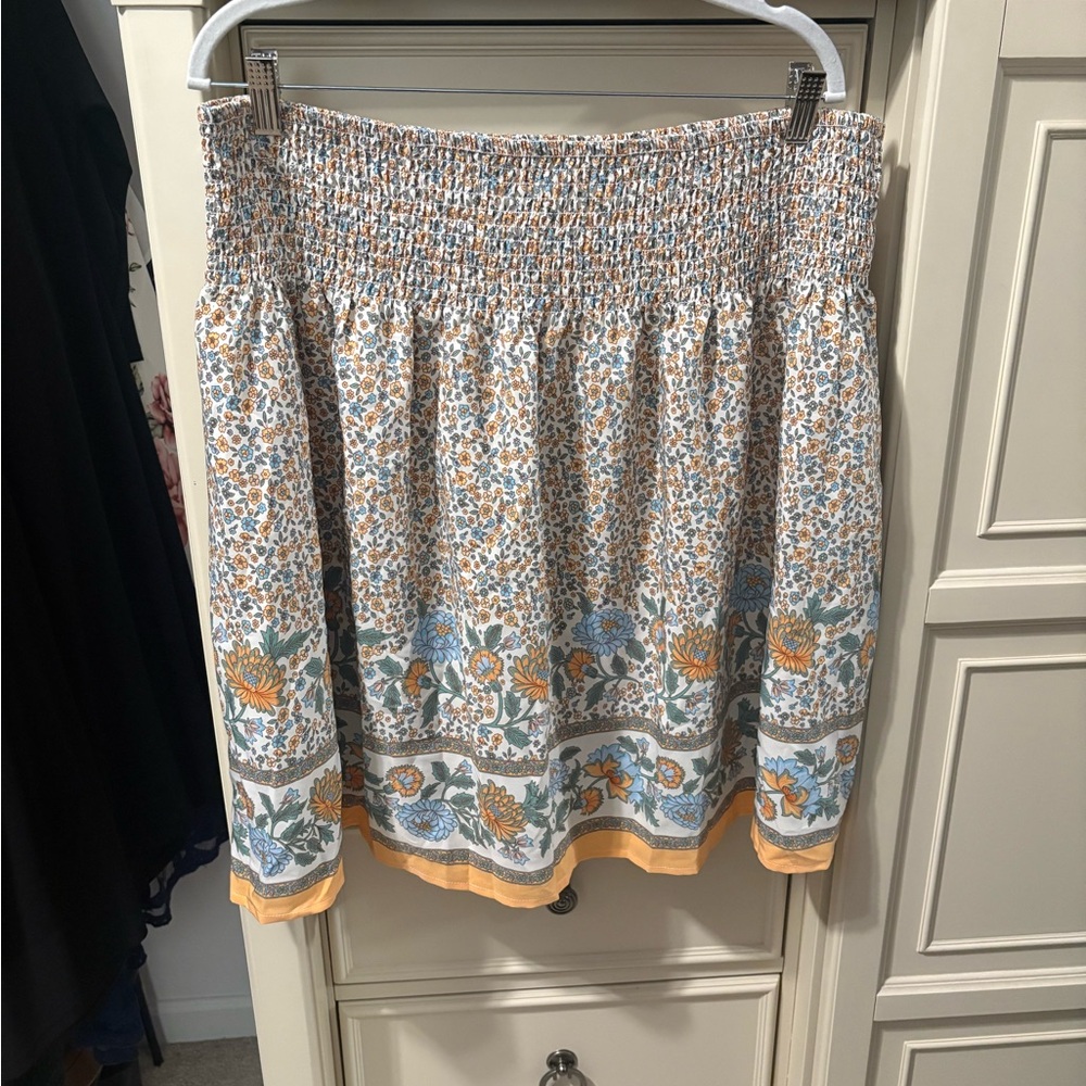SHEIN White Floral Smocked Mini Skirt with Blue & Yellow Border